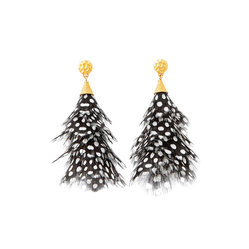 Front view of Claudia earrings with layered black-and-white polka-dot feather tassels and hammered gold studs