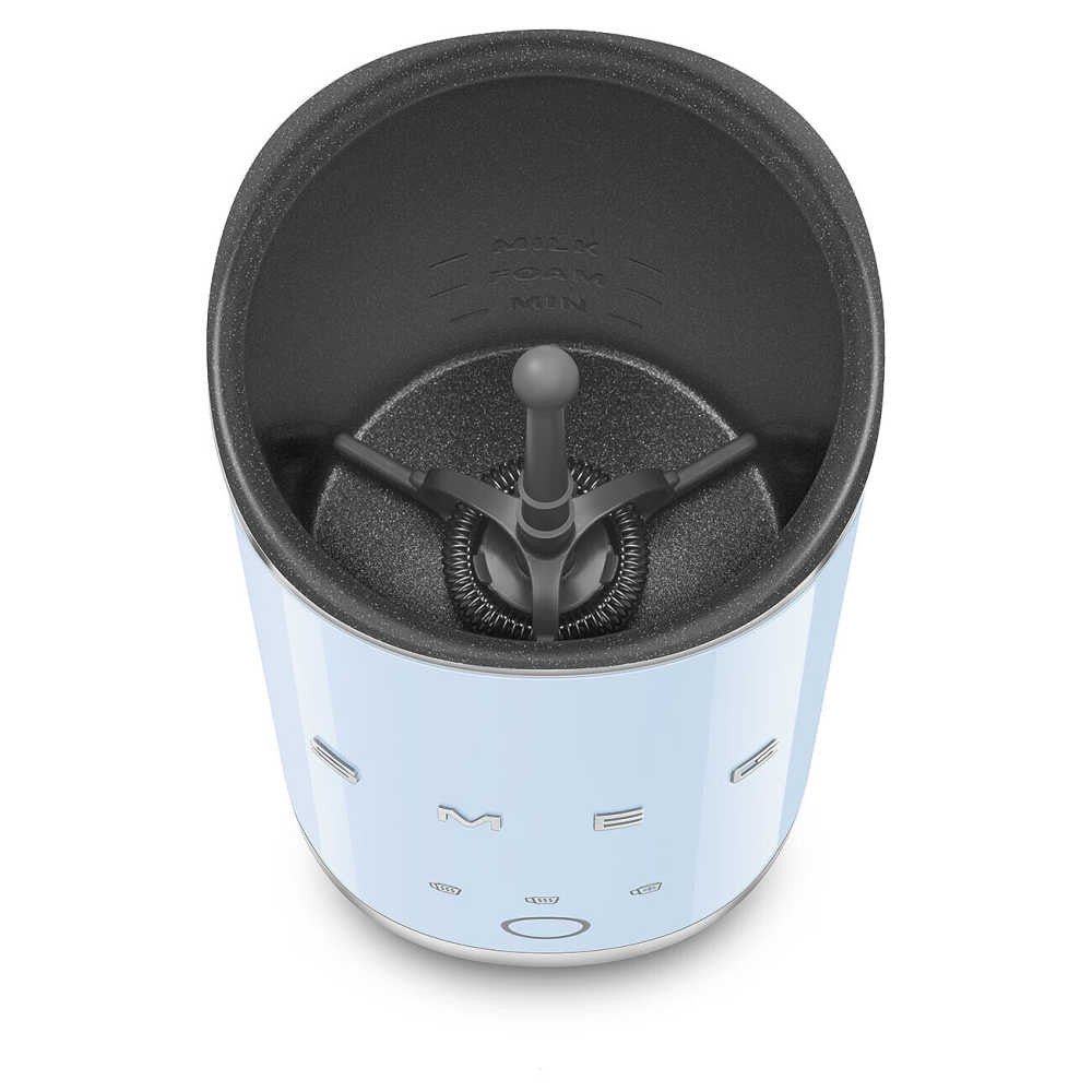Top view of pastel blue SMEG Mini Milk Frother showing ceramic coated nonstick interior and included whisk