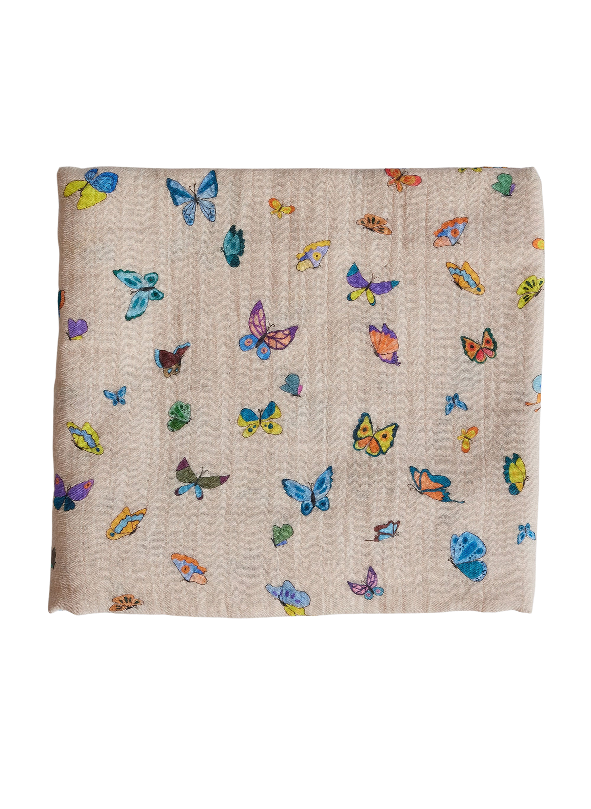 Front view of Blush Peach Madame Butterfly Shawl Blanket showcasing colorful butterfly print on a black background