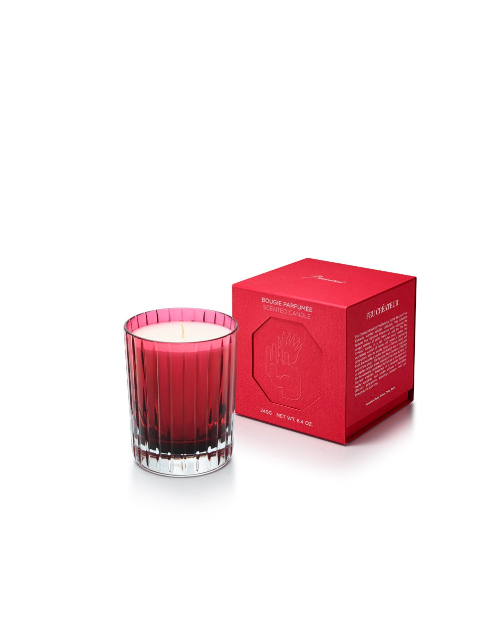 Front view of Harmonie Four Elements Candle in Fire showcasing its red crystal container with matching box on a white background
