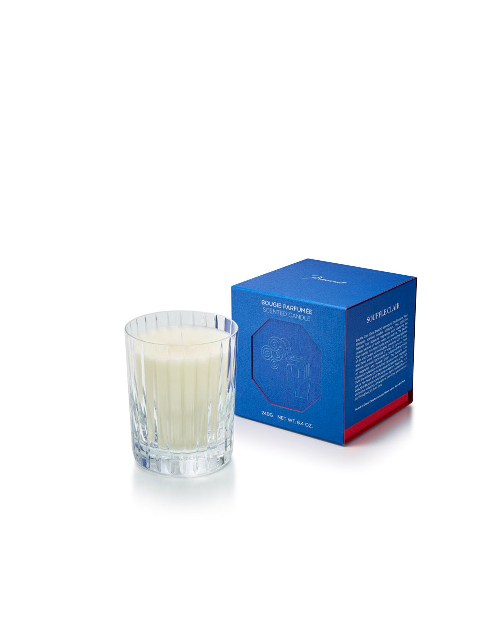 Three-quarter view of Harmonie Four Elements Candle in Air in a faceted Baccarat crystal container with blue packaging