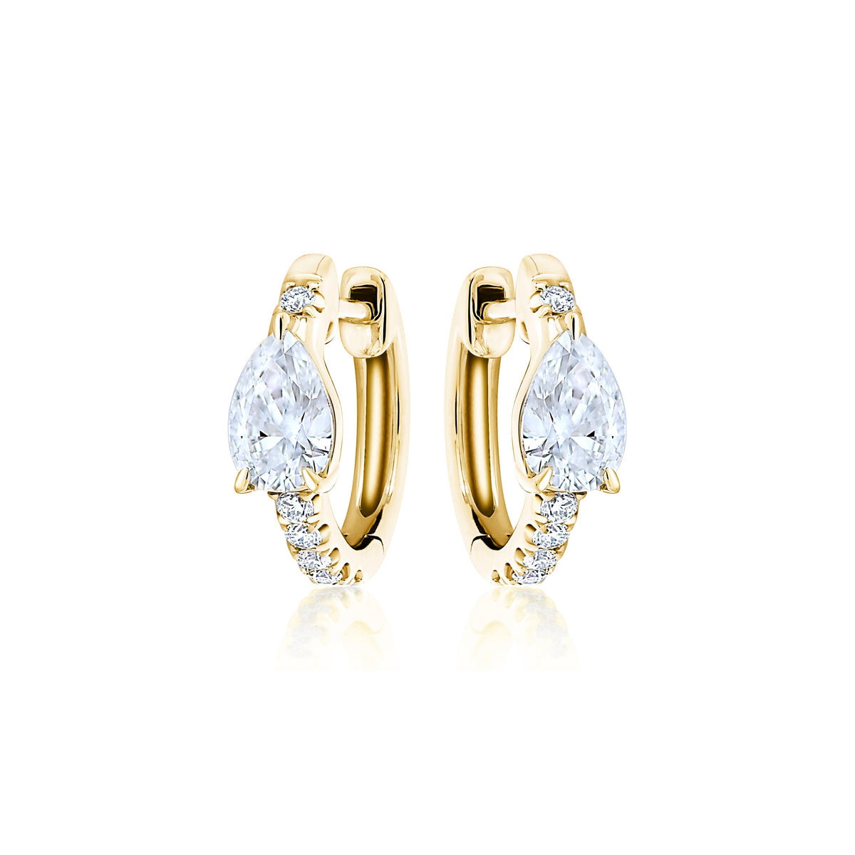 Pavé Huggie with Pear Diamonds: 18k gold hoop earrings with a pear-shaped diamond center and small round stones along the front, shown on a white background.