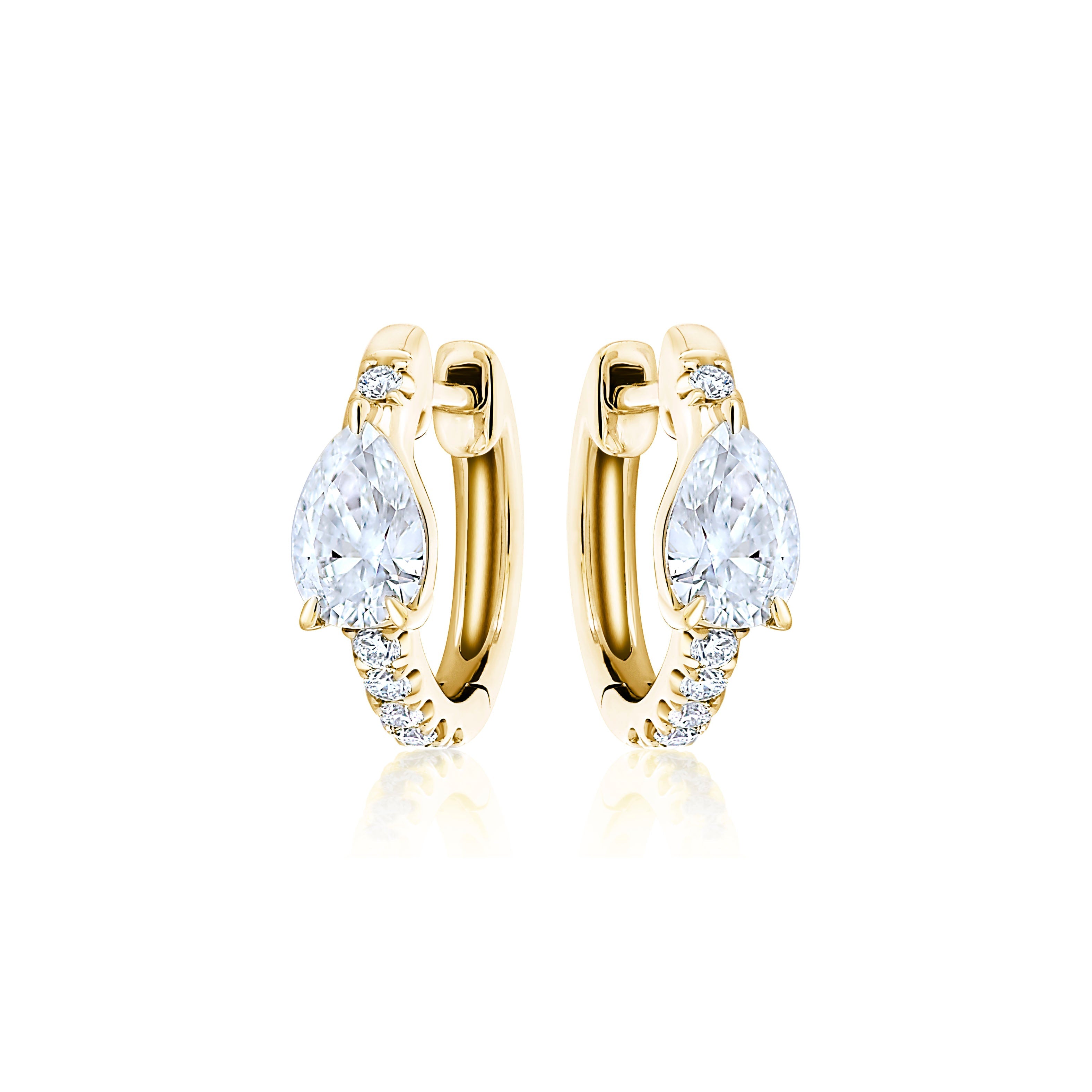 Pavé Huggie with Pear Diamonds: 18k gold hoop earrings with a pear-shaped diamond center and small round stones along the front, shown on a white background.