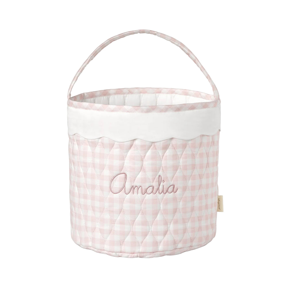 Pink checkered storage basket with 'Amalia' embroidery on a white background