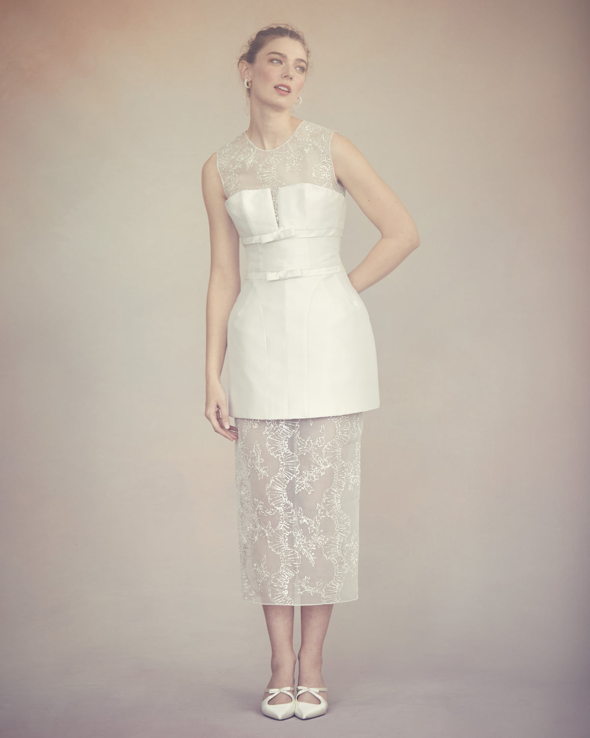 Effie Pencil Skirt in Ivory Organza with Ribbon Embroidery