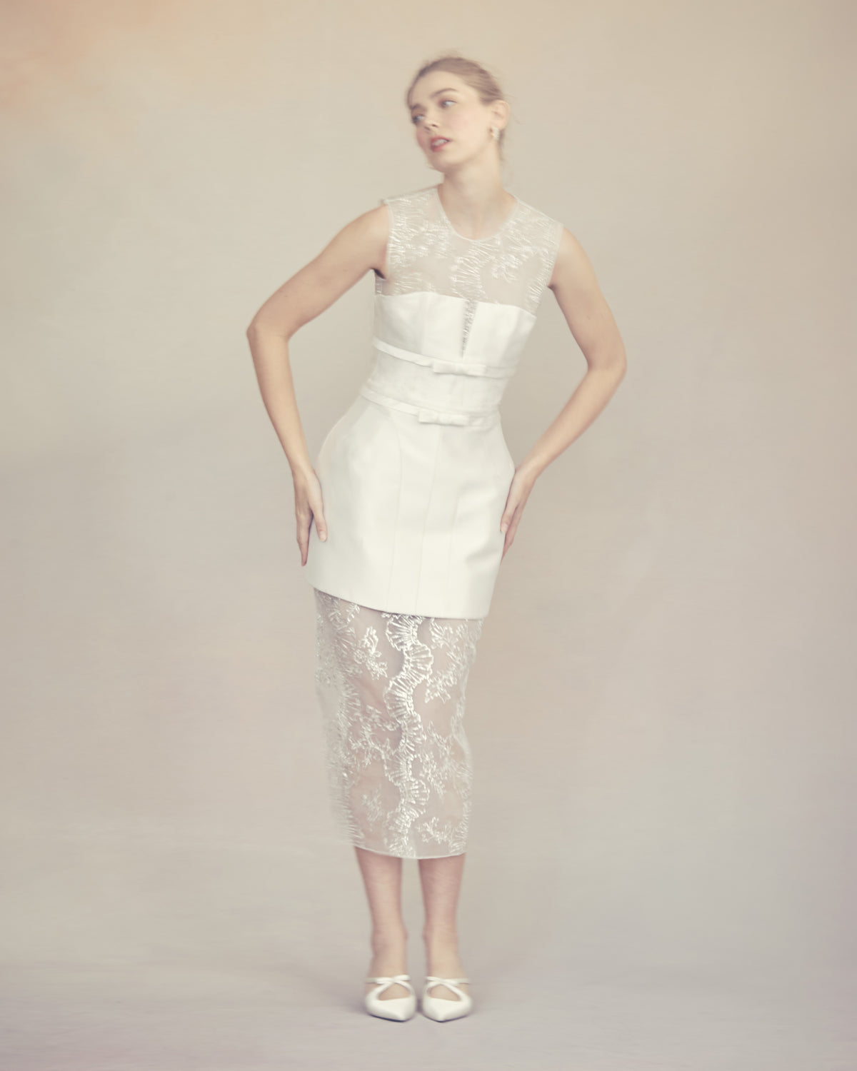 Effie Pencil Skirt in Ivory Organza with Ribbon Embroidery