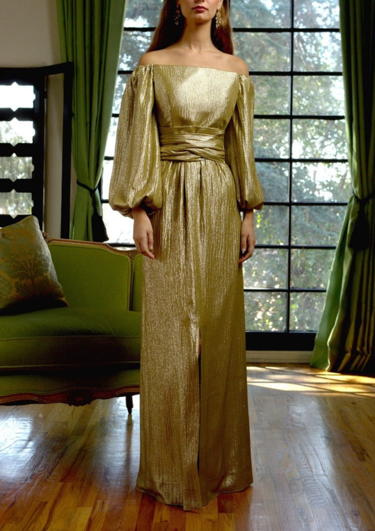 Off-The-Shoulder Full Sleeve Gown in Italian Gold Silk Lamé