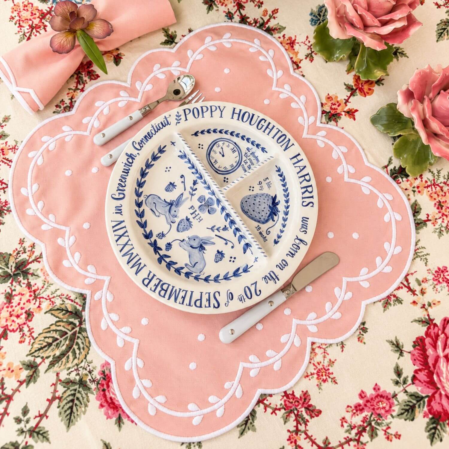 Children’s Divided Plate in Strawberry Thief with Bunnies