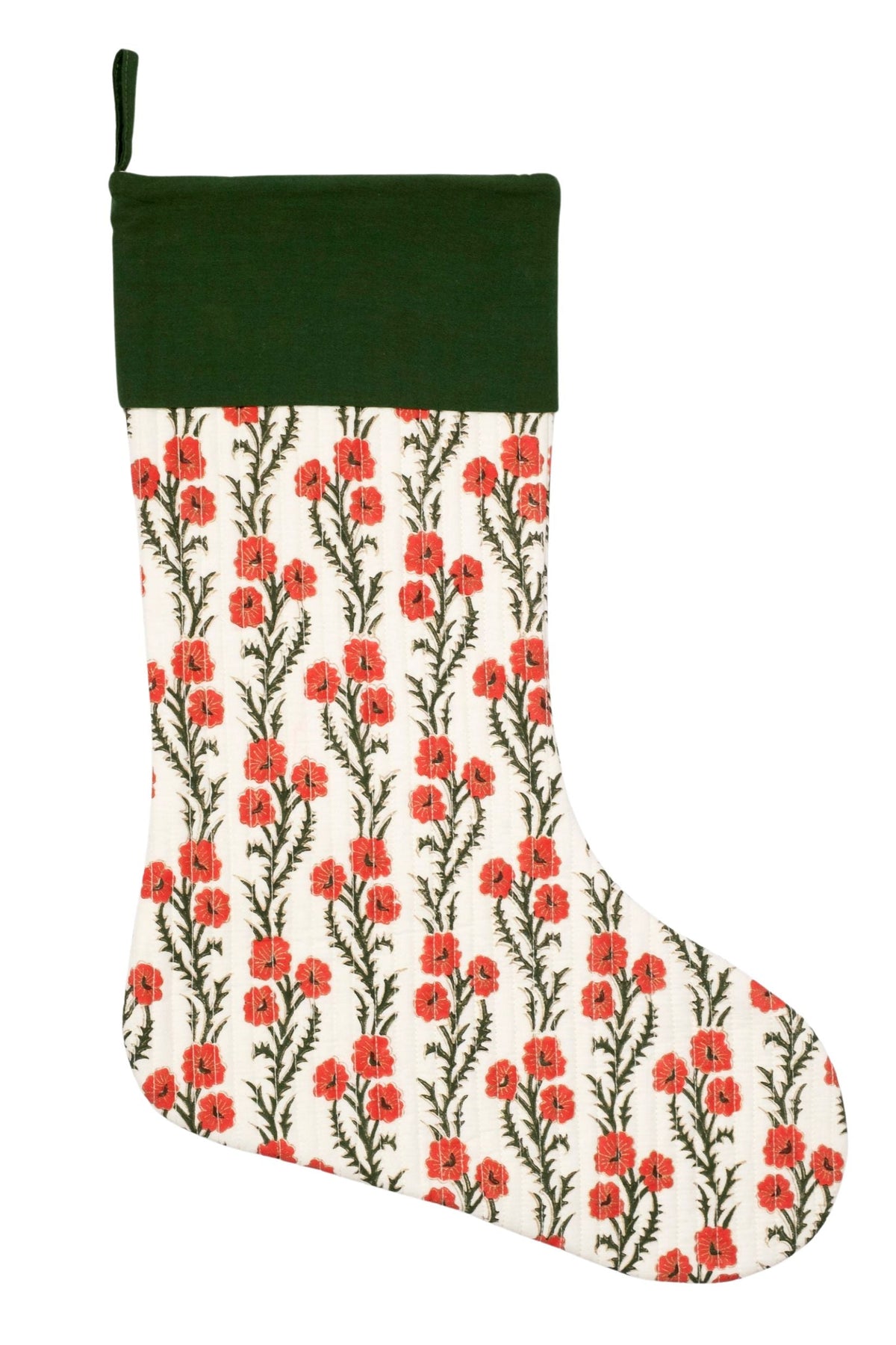 Inner Child Holiday Forget-Me-Not blockprint stocking with red flower patterns