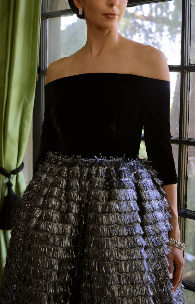 Off-The-Shoulder Velvet Bodice With Ball Skirt in Black & Silver French Fringed Brocade
