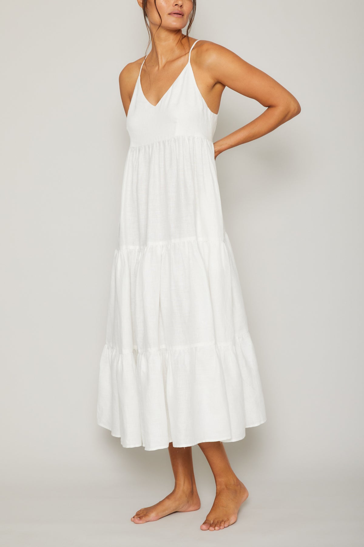 Claudia Spaghetti Strap Linen Ruffle Dress