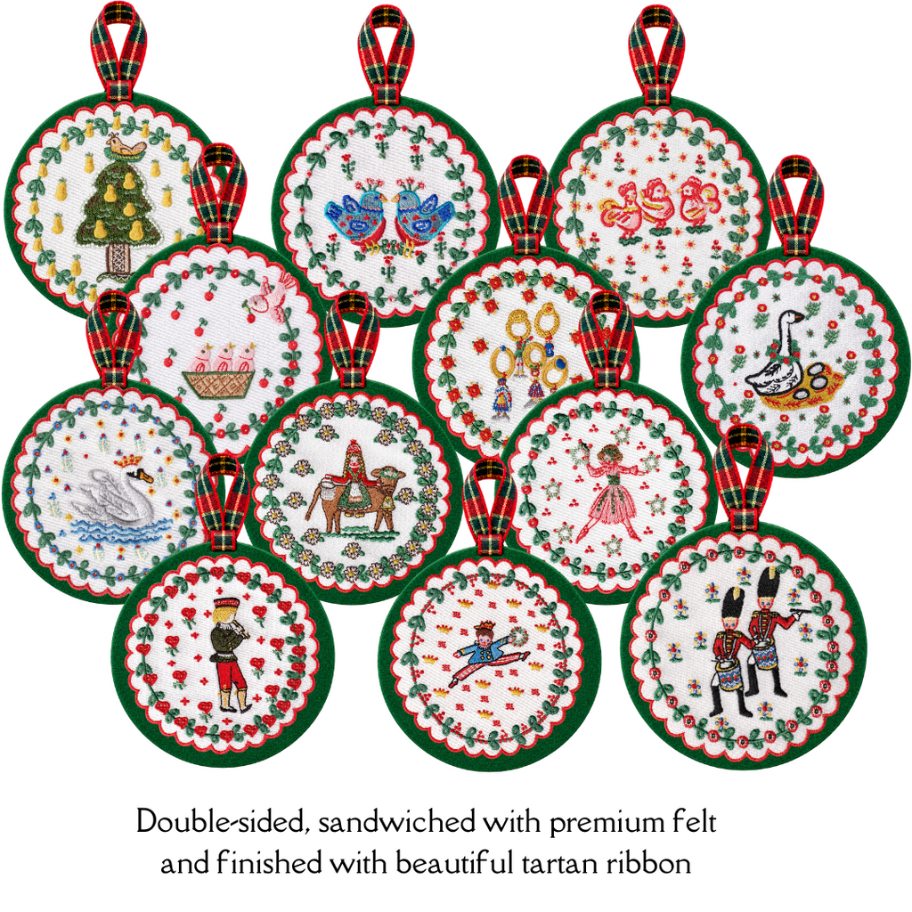 12 Days of Christmas Embroidered Ornament Set, Set of 12