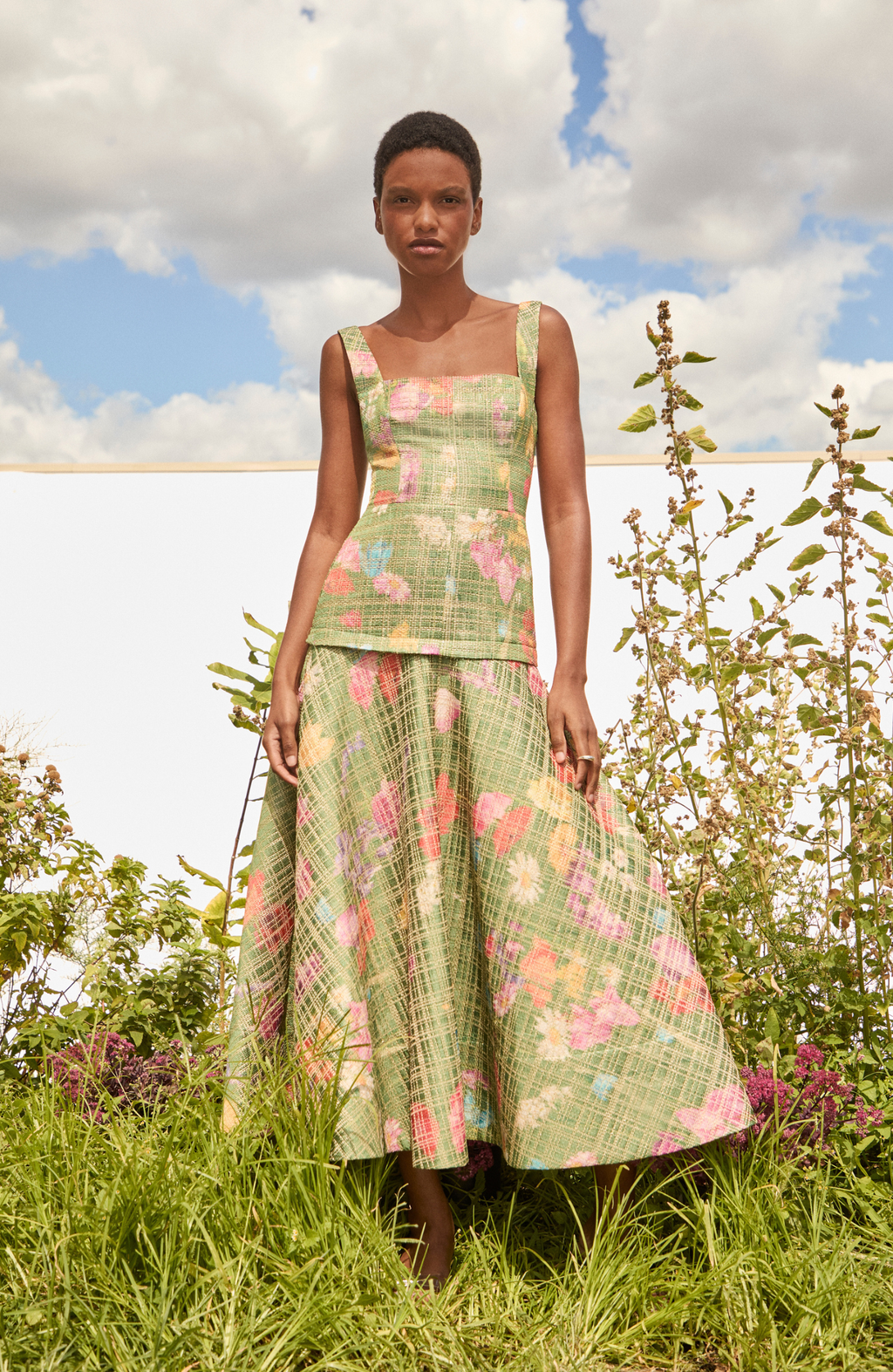 Floral Raffia Square Neck Dress in Cactus