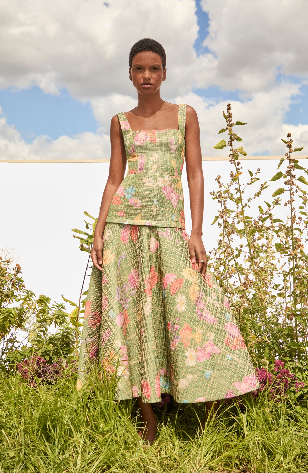 Floral Raffia Square Neck Dress in Cactus