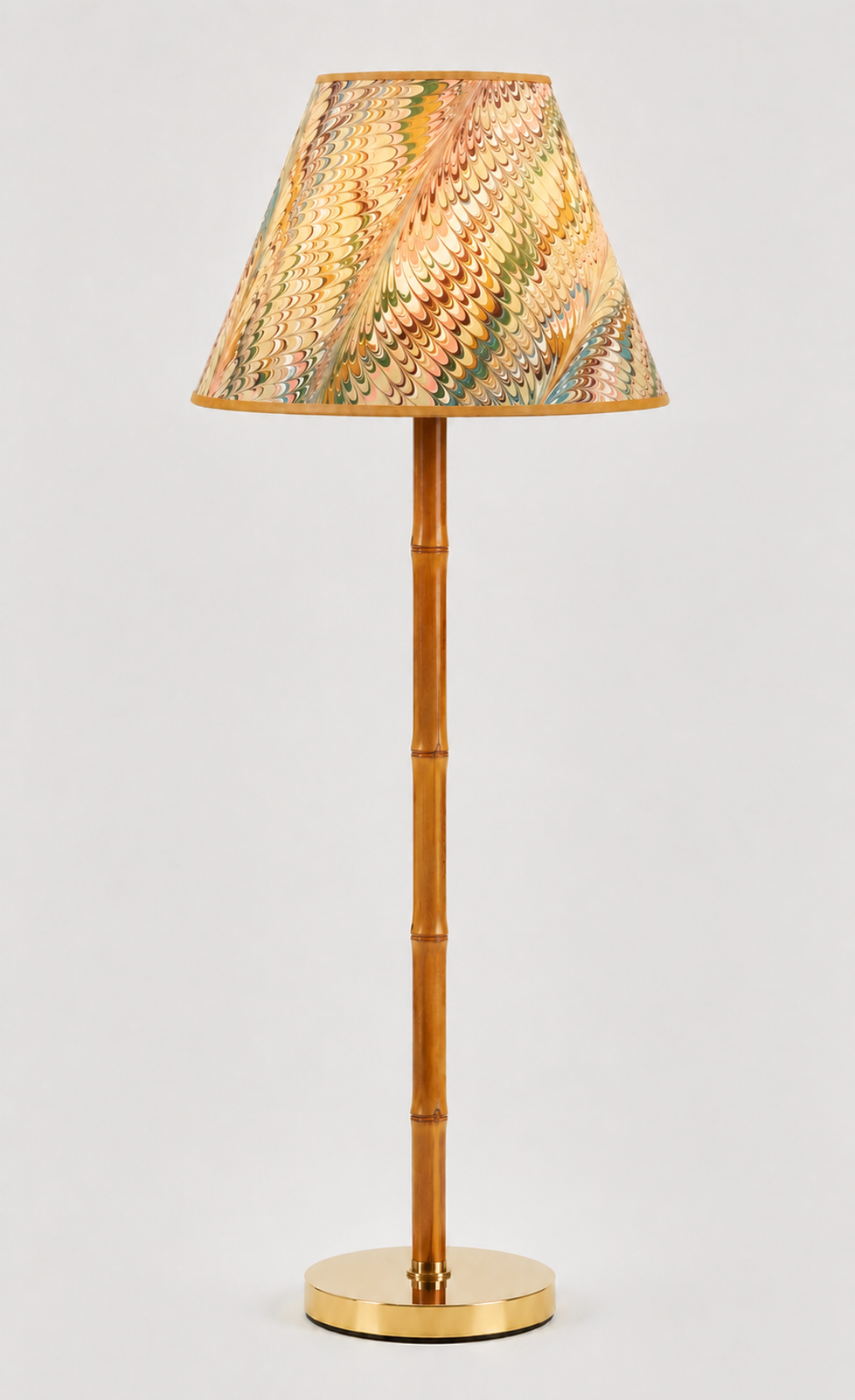 16" hand-marbled empire lampshade with colorful feather patterns, bamboo stem, brass base