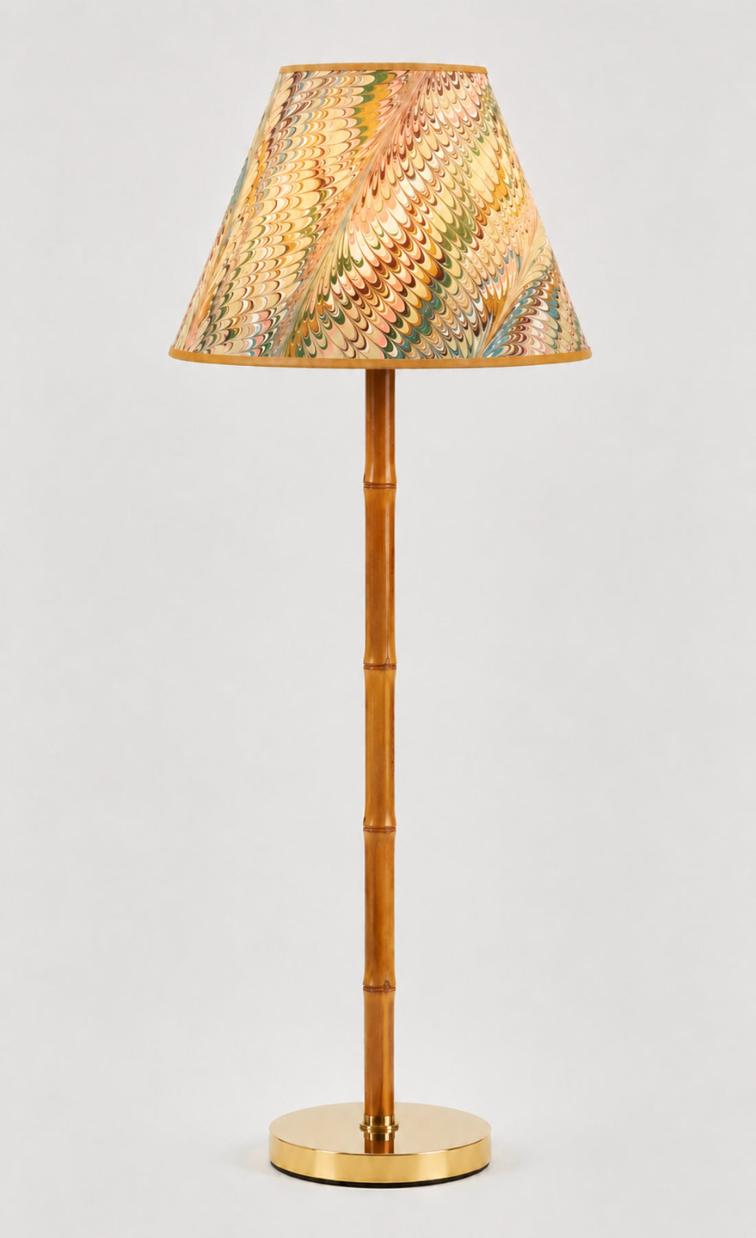 16" hand-marbled empire lampshade with colorful feather patterns, bamboo stem, brass base