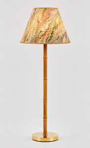 16" hand-marbled empire lampshade with colorful feather patterns, bamboo stem, brass base