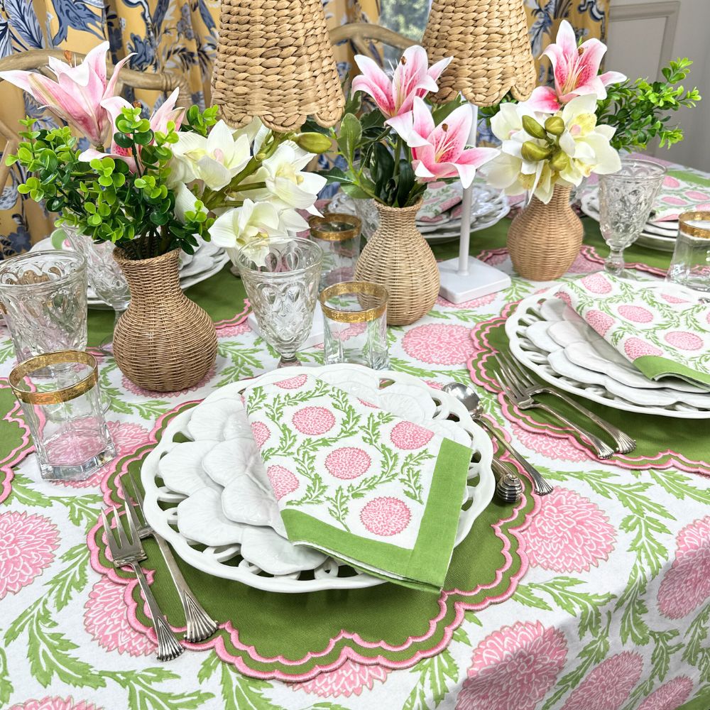 Green placemat with pink embroidery, luxury placemat, pink and green tablescape