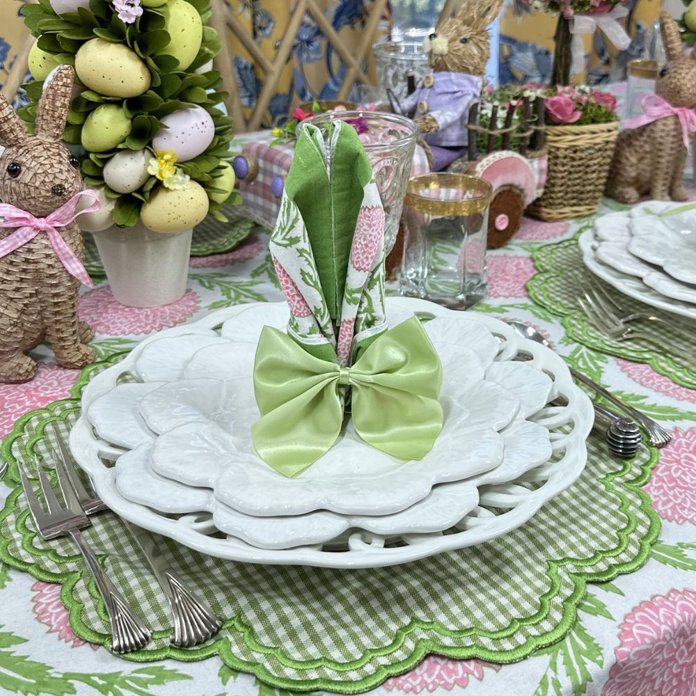 Easter tablescape, Easter placemat, Green gingham placemat, embroidered placemat