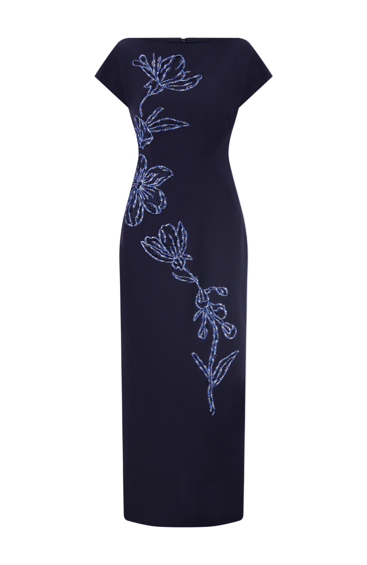 Back view of Ikat Floral Embroidered Fluid Crepe Dress in Navy and Blue showcasing floral embroidery on white background