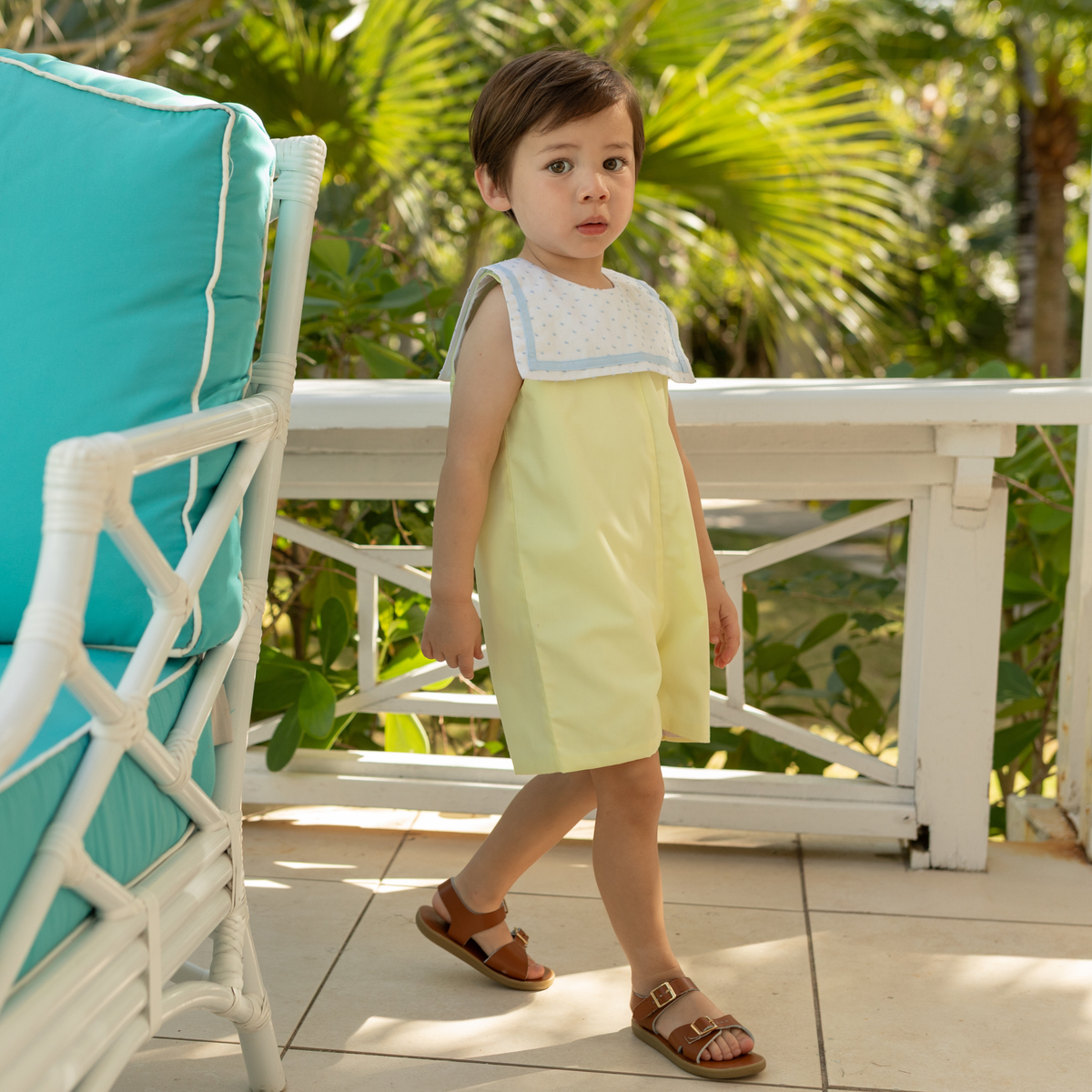 Henry Duvall Saylor Jon Jon in soft yellow fabric with blue Swiss dot sailor collar and trim, classic heirloom baby boy summer outfit