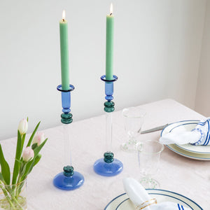 Bugle Glass Candlestick in Blue & Teal