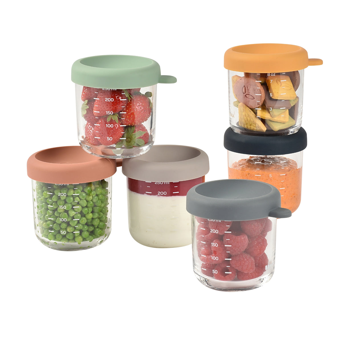 Front view of Glass Baby Food Jars-8oz in Sunrise, Pack of 6 showcasing silicone lids and measurement markings on white