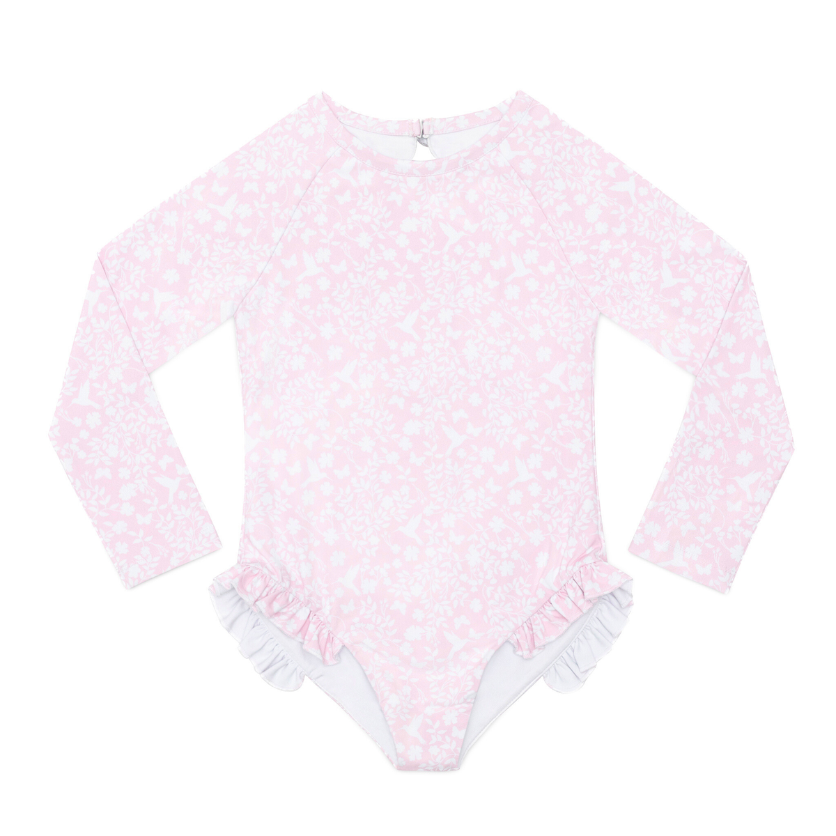 Front flat-lay of girls’ long-sleeve rashguard swimsuit in Coral Sand Chinz, high neckline, ruffled leg trim on white
