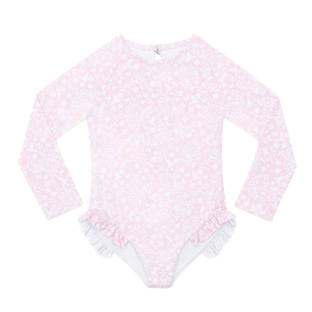 Girls’ long sleeve rashguard one piece swimsuit in Seaside Seersucker with UPF 50+ and scalloped open back, perfect for summer or beach vacations by Henry Duvall.