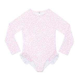Girls’ long sleeve rashguard one piece swimsuit in Seaside Seersucker with UPF 50+ and scalloped open back, perfect for summer or beach vacations by Henry Duvall.