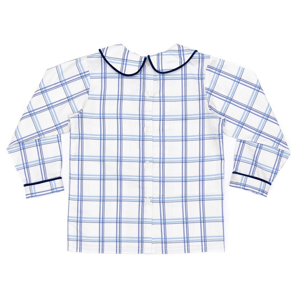Henry Duvall Long Sleeve Henry Peter Pan Shirt in Prescott Plaid, classic boys fall shirt with Peter Pan collar and button-back, perfect for layering and coordinating sibling outfits