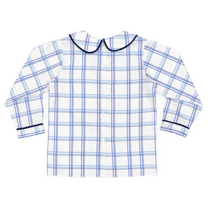 Henry Duvall Long Sleeve Henry Peter Pan Shirt in Prescott Plaid, classic boys fall shirt with Peter Pan collar and button-back, perfect for layering and coordinating sibling outfits