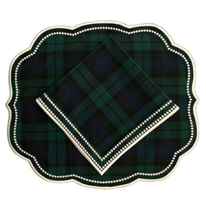 Black Watch Plaid luxury placemat with white silk embroidery and matching napkin