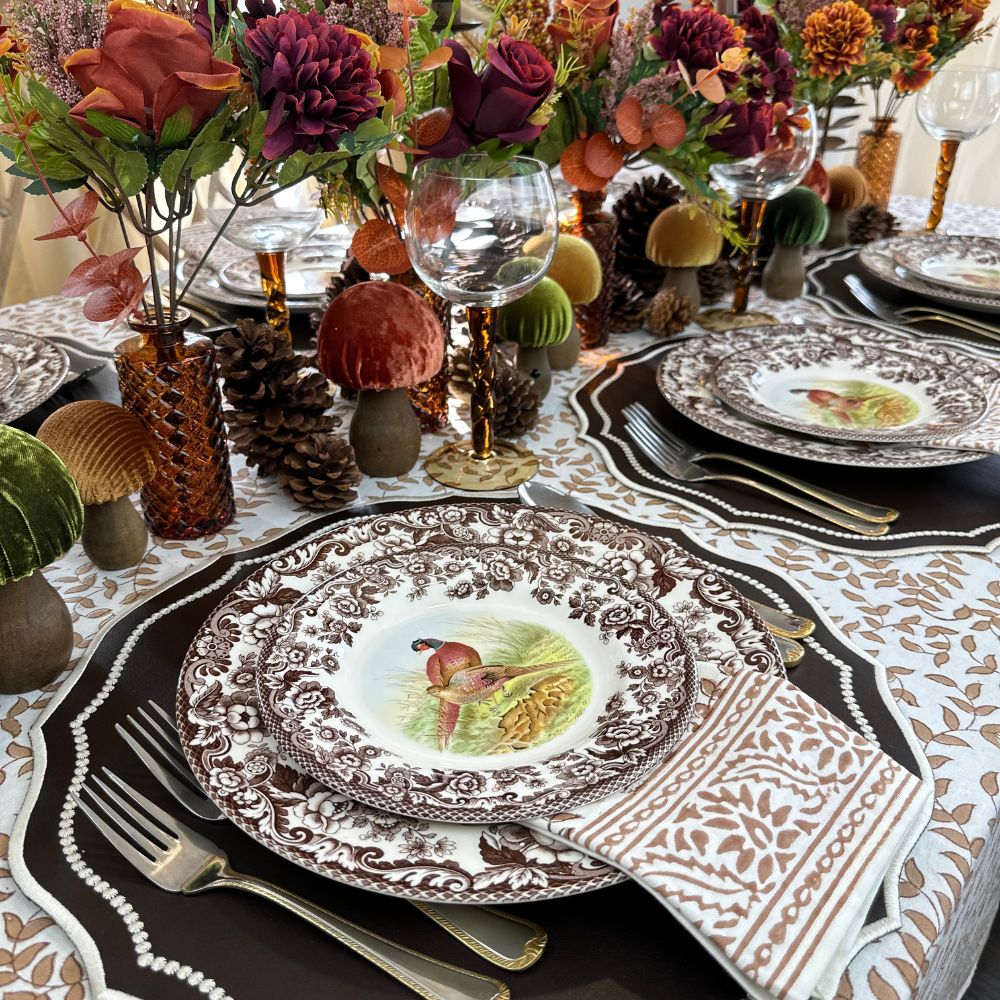 woodland leaves Napkin - block print classic in browns with woodland spode plates  and vegan leather placemats