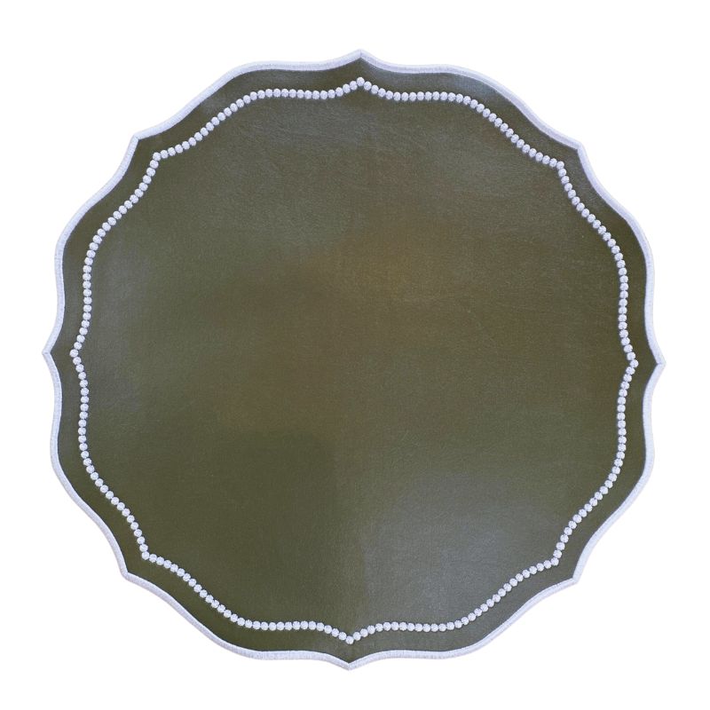 Faux Leather Dark Olive placemat with white silk embroidery