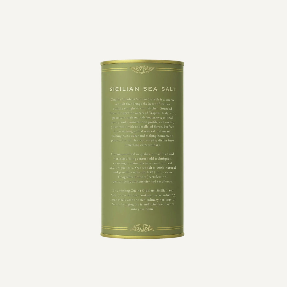 Green cylindrical container of Sicilian sea salt on a white background