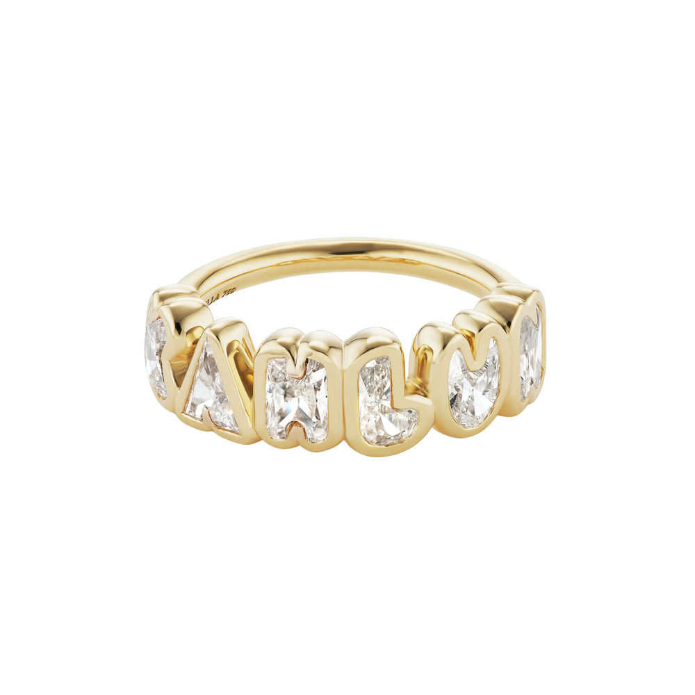 Front view of Bubble Bezel Diamond Name Ring showing bezel-set diamonds on a yellow gold band on black background
