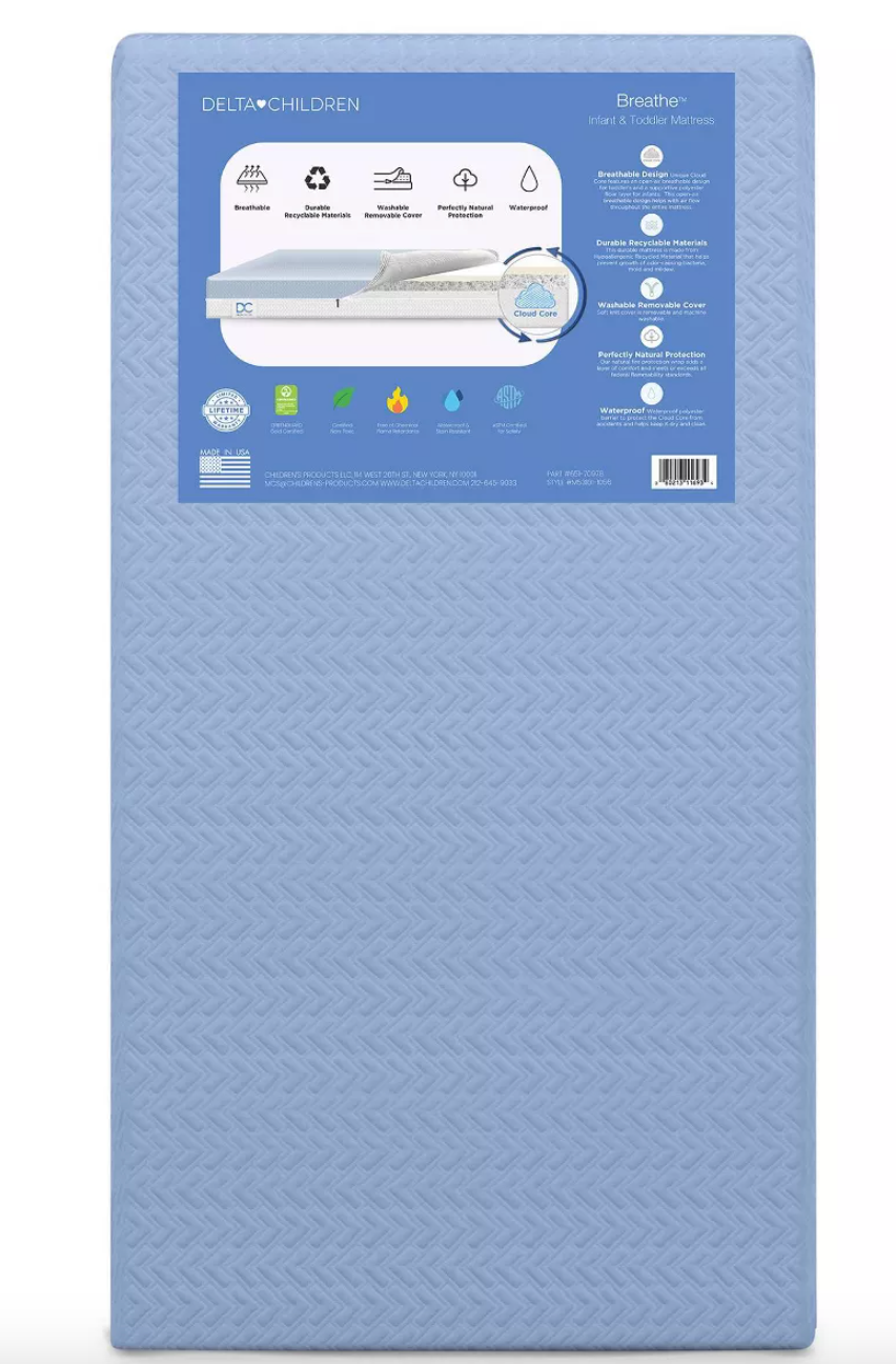 Delta Children Breathe Mattress - Breathable Baby Crib and Toddler Mattress with Cloud Core