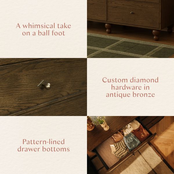 Product feature collage showing a ball foot, custom diamond hardware, and pattern-lined drawer bottoms