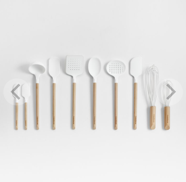 Crate & Barrel Wood and White Silicone Utensils, Set of 10