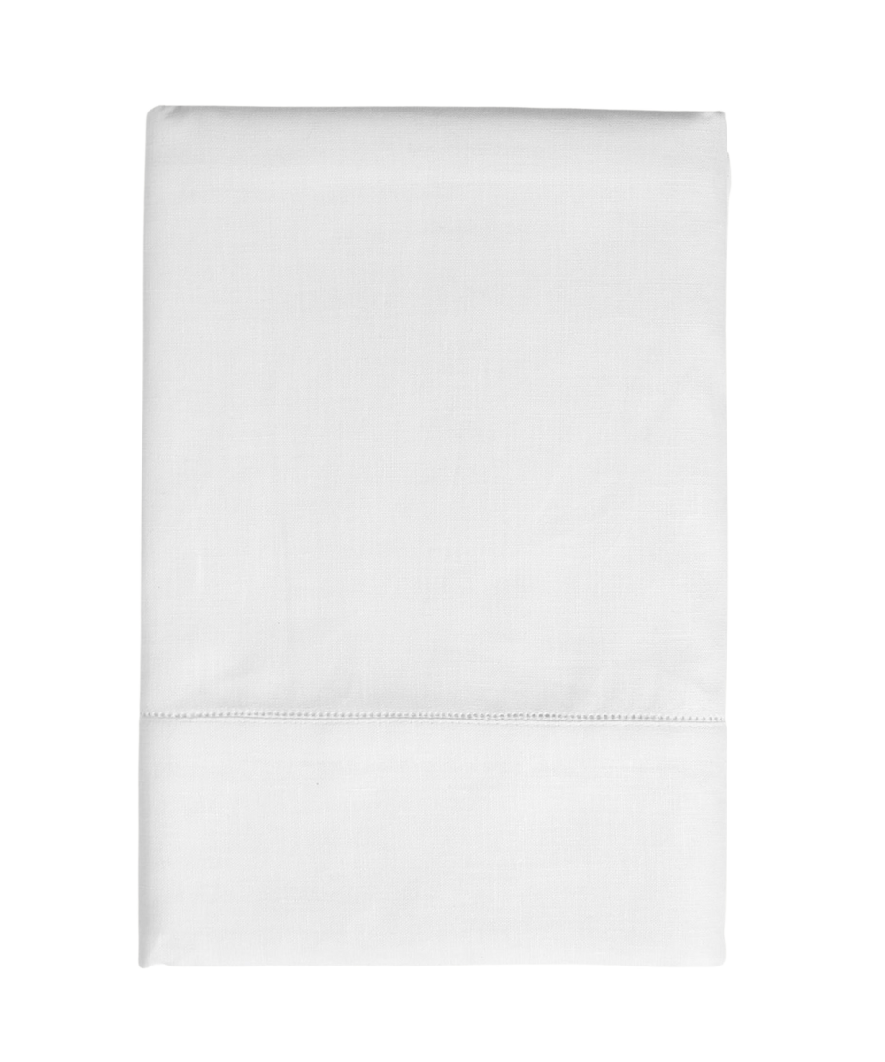 Folded view of Classic Hemstitch Linen Tablecloth in white showcasing hemstitch border and mitred corner on plain white background