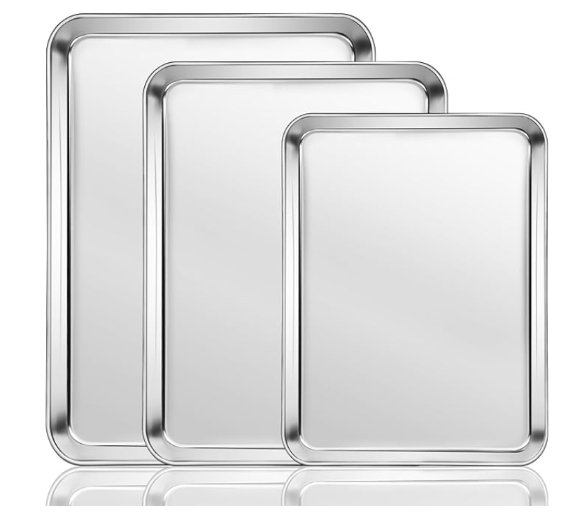 Baking Sheet Cookie Pan Set: 3pcs Stainless Steel Baking Tray - 9/12/16 Inch Heavy Duty Nonstick Bakeware Set for Oven Cooking