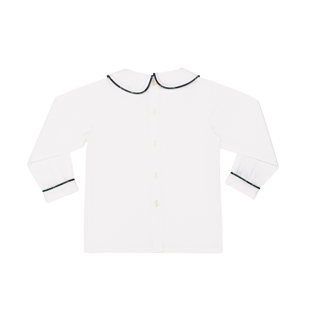 Henry Duvall boys white Peter Pan collar shirt with Newbury Tartan trim, classic holiday layering piece to coordinate with green and navy tartan outfits