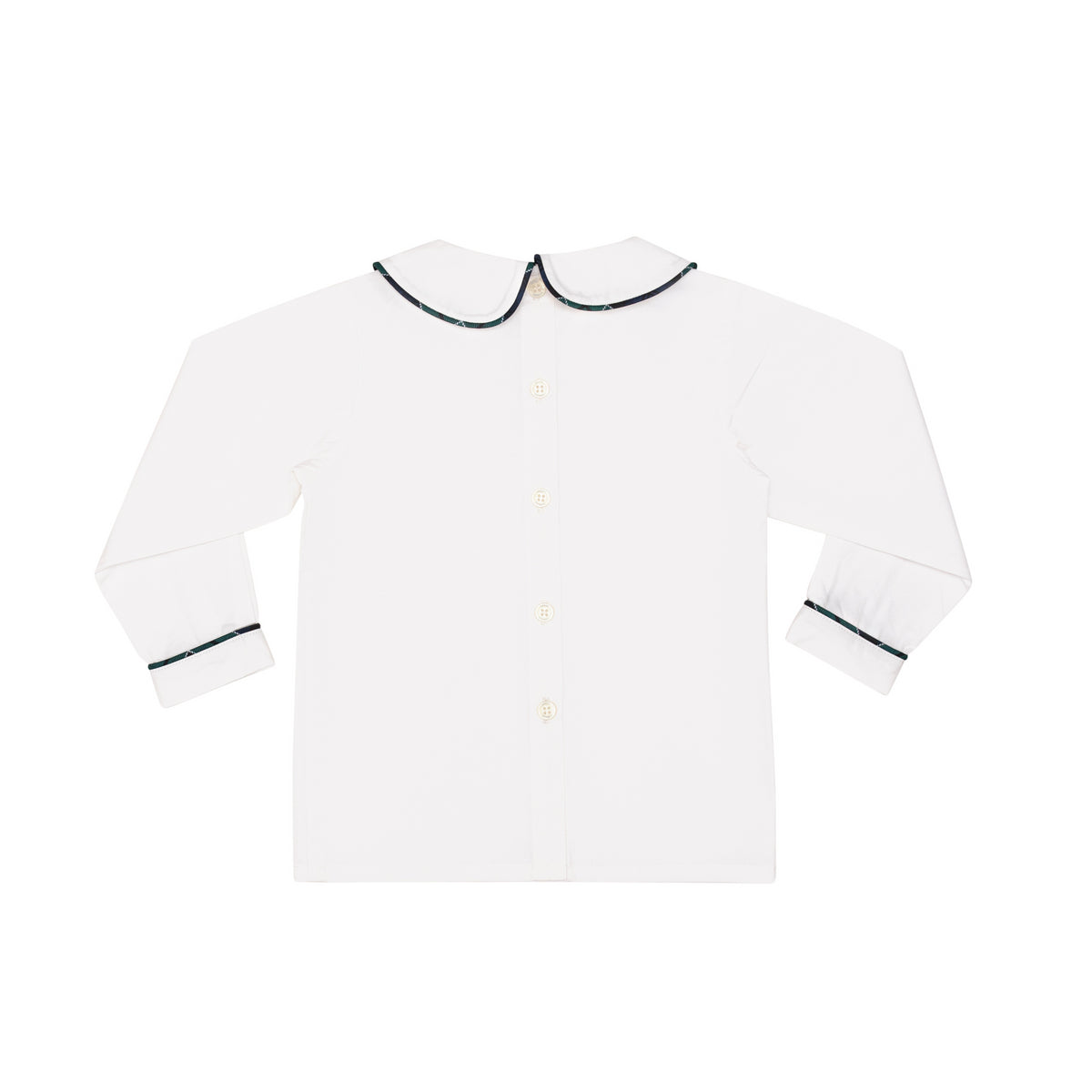 Henry Duvall boys white Peter Pan collar shirt with Newbury Tartan trim, classic holiday layering piece to coordinate with green and navy tartan outfits