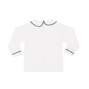 Henry Duvall boys white Peter Pan collar shirt with Newbury Tartan trim, classic holiday layering piece to coordinate with green and navy tartan outfits