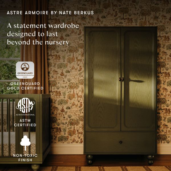 Front view of Astre Assembled Armoire in Archival Elm by Nate Berkus, designed to last beyond the nursery