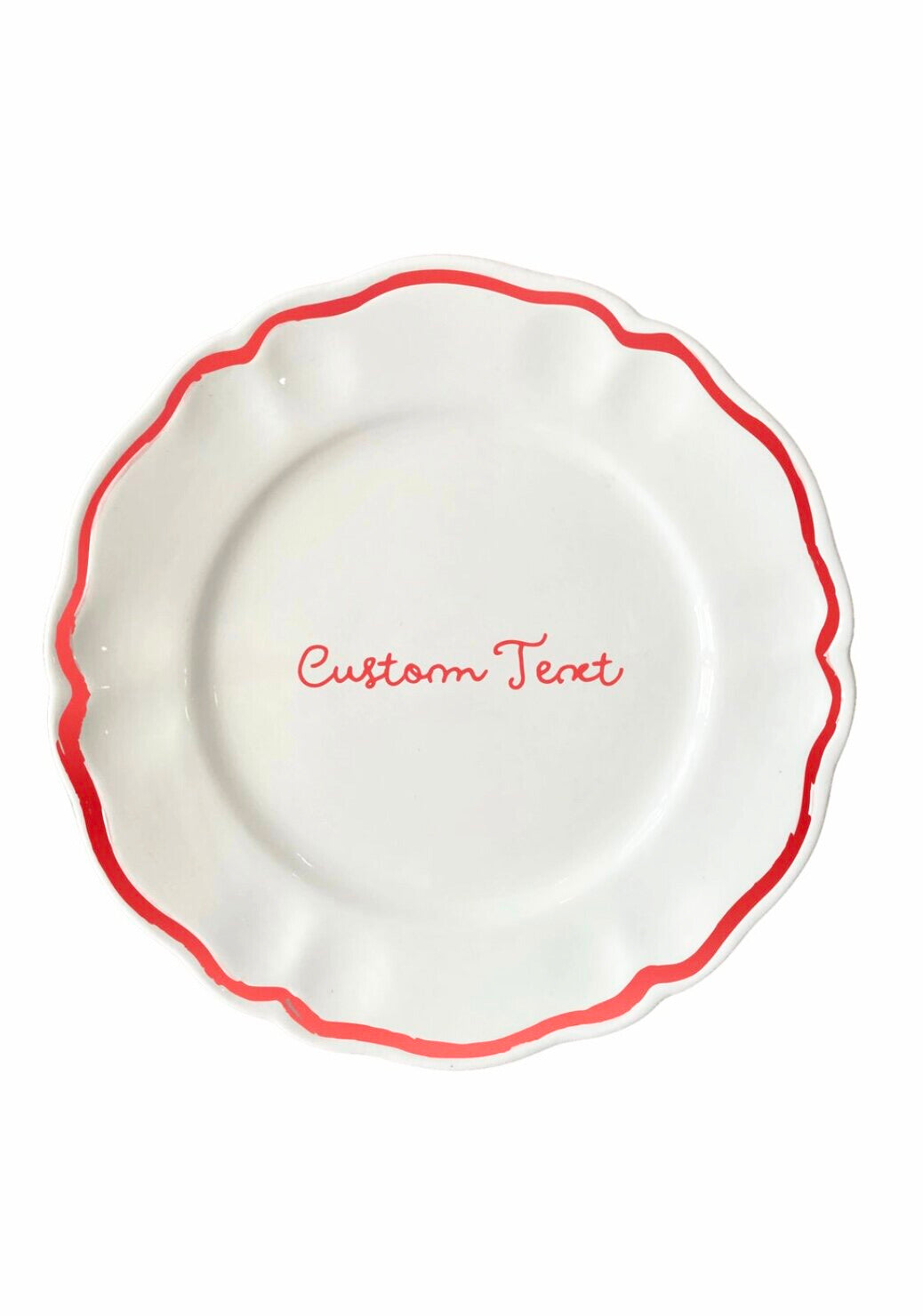 Top-down view of dessert scalloped plate showcasing red scalloped rim and centered text Custom Text on white background