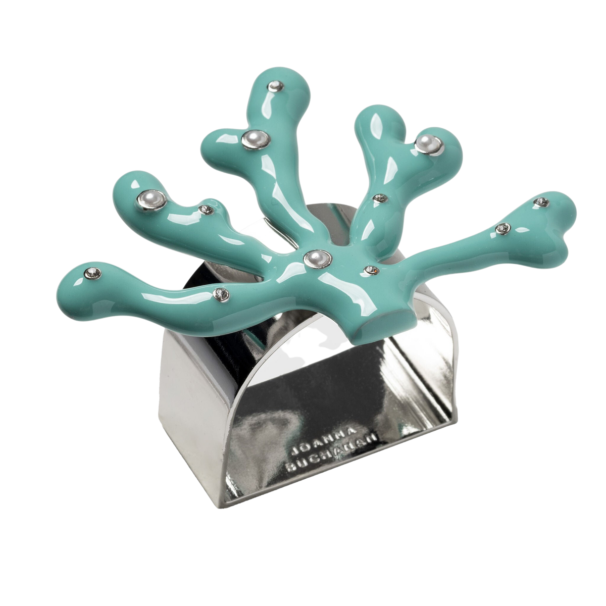 Front view of coral-shaped turquoise napkin ring showcasing glossy enamel, crystal accents, and gold-tone base on white background