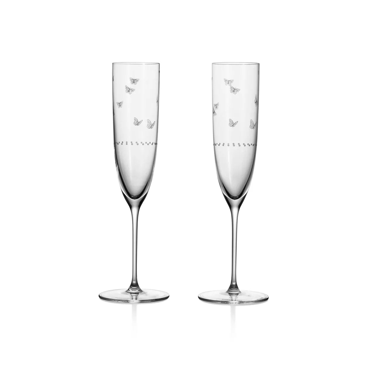 Butterfly Champagne Glasses in Etched Glass, Set of Two