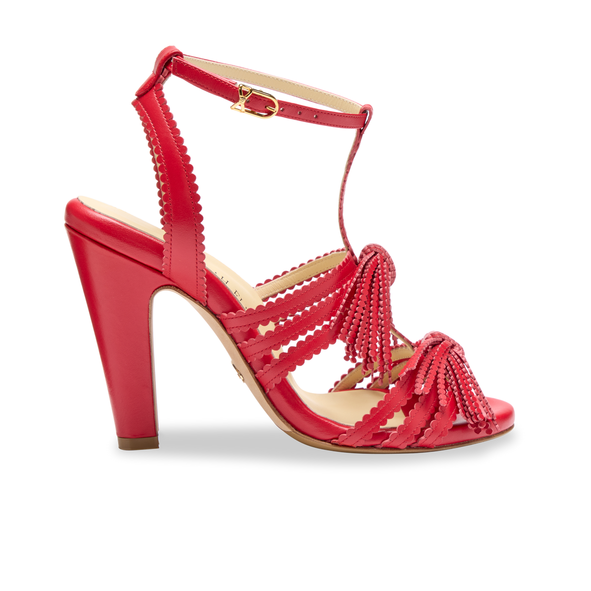 Side view of Perfect Kathryn 100 in Rose Red Calf sandal with block heel, bow buckle, and tassel on white background